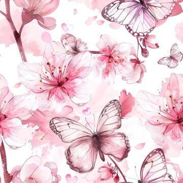 Butterflies circling cherry blossoms, spring watercolor, seamless pattern, soft pinks, fluttering petals, gentle renewal. Seamless Pattern, Fabric Pattern, Tumbler Wrap, Mug Wrap.