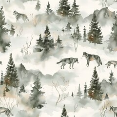 Wolves in misty forests, ethereal watercolor, seamless pattern, soft greys and muted greens, mysterious paths. Seamless Pattern, Fabric Pattern, Tumbler Wrap, Mug Wrap.