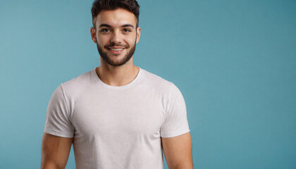 
young man with white t-shirt smiling looking at camera on a light blue background