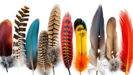 An array of bird feathers in diverse colors and patterns, displayed side by side.