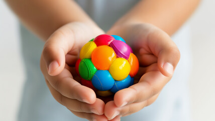 Hands holding a colorful puzzle ball, concept of problem-solving and cognitive skills development.