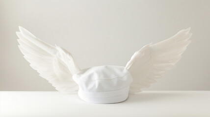 White sailor hat with angelic wings on a light background, symbolizing freedom and adventure.