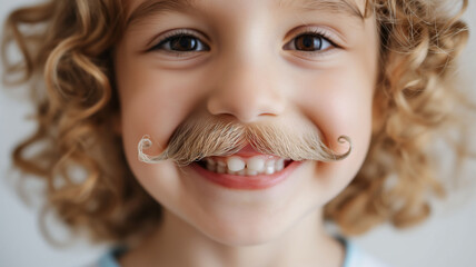 Close-up of a smiling child with curly hair wearing a fake mustache, playful and happy expression.