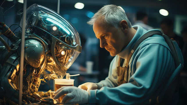 A scene from the movie 'The Expanse', featuring an older bald man in a dark gray wool jacket and blue gloves, working on his shiny golden robot under a glass dome with green plastic insides.
