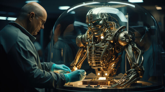 A cinematic still of an alien being in the glass dome, who is shaped like a golden robot with blue gloves on his hands. Next to him stands a bald man wearing a lab coat. Created with Ai