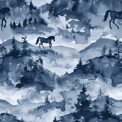 Wild horses in mountain landscapes, majestic watercolor, seamless pattern, rugged terrains, free spirits, vast blues and greys. Seamless Pattern, Fabric Pattern, Tumbler Wrap, Mug Wrap.