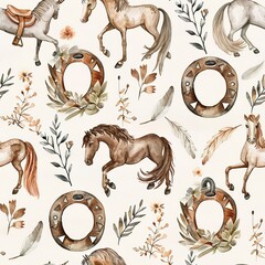 Horses and horseshoes, lucky charm watercolor, seamless pattern, soft browns and metallics, wishes for good fortune. Seamless Pattern, Fabric Pattern, Tumbler Wrap, Mug Wrap. - obrazy, fototapety, plakaty