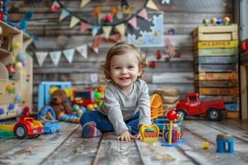 Vintage toy playroom backdrop featuring classic toys for studio child photo session
