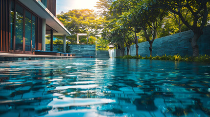 pool in the night, Beauty swimming pool on daylight at resort in Thailand Asia.