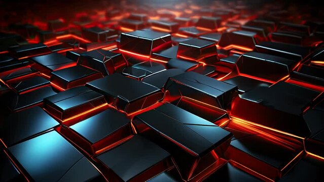 Dark abstract background of hexagonal cells and squares with a futuristic hi-tech energy glow