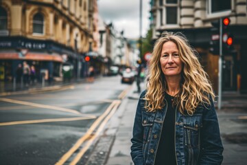 Mature blonde woman with long wavy hair in a urban context