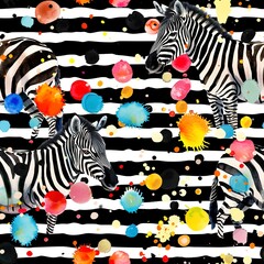 Zebras and polka dots, playful watercolor, seamless pattern, black and white stripes, vibrant spots, whimsical fun. Seamless Pattern, Fabric Pattern, Tumbler Wrap, Mug Wrap.