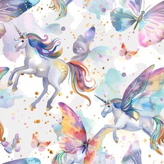 Unicorns with butterfly wings, fantasy watercolor, seamless pattern, fluttering elegance, iridescent hues, magical flights. Seamless Pattern, Fabric Pattern, Tumbler Wrap, Mug Wrap.