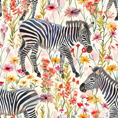 Zebras in wildflower fields, vibrant watercolor, seamless pattern, colorful blooms, serene grazes, natureâ€™s beauty. Seamless Pattern, Fabric Pattern, Tumbler Wrap, Mug Wrap.
