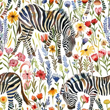 Zebras in wildflower fields, vibrant watercolor, seamless pattern, colorful blooms, serene grazes, natureâ€™s beauty. Seamless Pattern, Fabric Pattern, Tumbler Wrap, Mug Wrap.