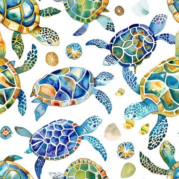 Turtles with patterned shells, whimsical watercolor, seamless pattern, intricate designs, pastel backgrounds, unique identities.Seamless Pattern, Fabric Pattern, Tumbler Wrap, Mug Wrap.