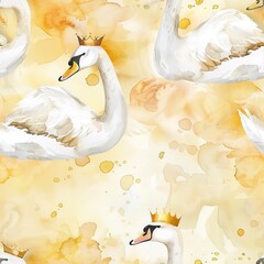 Swans with golden crowns, regal watercolor, seamless pattern, soft yellows and pure whites, royal grace. Seamless Pattern, Fabric Pattern, Tumbler Wrap, Mug Wrap.