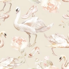Swans with ballet slippers, elegant watercolor, seamless pattern, pastel pinks and whites, dance of beauty. Seamless Pattern, Fabric Pattern, Tumbler Wrap, Mug Wrap.