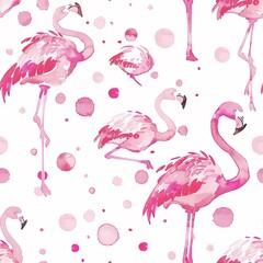 Flamingos and polka dots, whimsical watercolor, seamless pattern, playful spots and bright pinks, joyful charm. Seamless Pattern, Fabric Pattern, Tumbler Wrap, Mug Wrap.