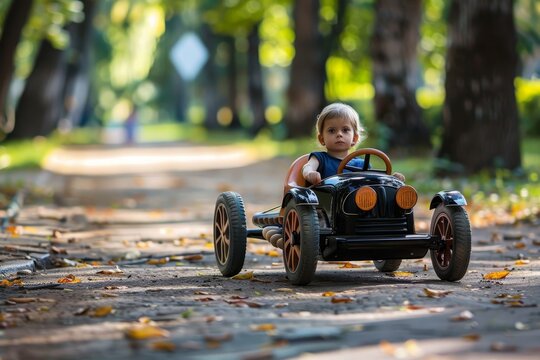 Adorable child driving a toy electric car in the park on a sunny summer day, outdoor fun for kids