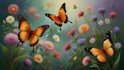 butterflies in multicolor abstract  flying here and there creating a sight full scene abstract background 