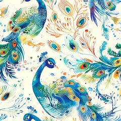 Obraz premium Dancing peacocks and fluttering feathers, whimsical watercolor, seamless pattern, swirling colors, graceful movements. Seamless Pattern, Fabric Pattern, Tumbler Wrap, Mug Wrap.