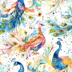 Dancing peacocks and fluttering feathers, whimsical watercolor, seamless pattern, swirling colors, graceful movements. Seamless Pattern, Fabric Pattern, Tumbler Wrap, Mug Wrap.