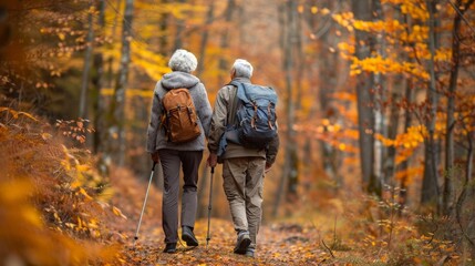 Elderly couple hiking through a forest trail, enjoying the autumn colors