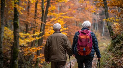 Fototapeta premium Elderly couple hiking through a forest trail, enjoying the autumn colors