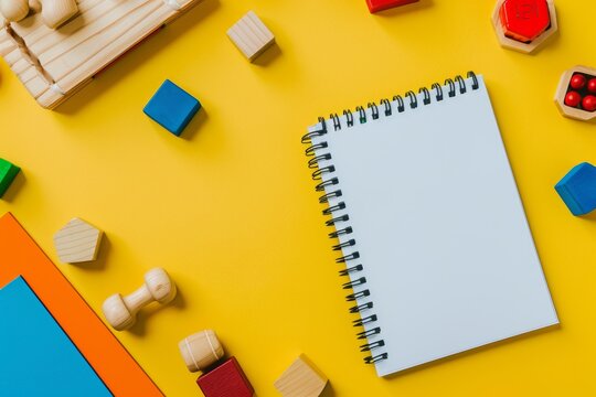 Educational wooden toys and blank sketchbook for early kindergarten and preschool learning