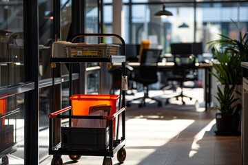 Office maintenance cart with supplies and cleaning equipment in a modern workspace