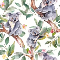 Bright watercolor koalas, seamless pattern, close view. Seamless Pattern, Fabric Pattern, Tumbler Wrap, Mug Wrap.