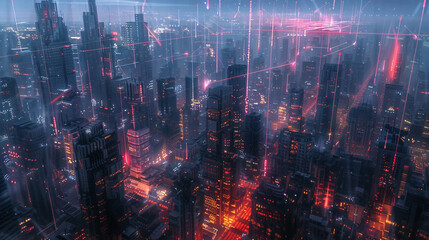 Dusk falls on a neon-wired metropolis, buildings alive with data's luminous weave.