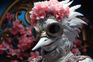 Floral Masquerade: Enigmatic Plague Doctor in an Ornate Costume Adorned with Pink Blossoms