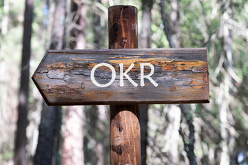 OKR text (Objectives, Key and Results) on a wooden signpost against a forest background
