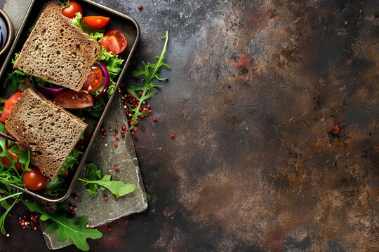 Top-down view of nutritious lunch box with fresh sandwich and colorful vegetables on stone table