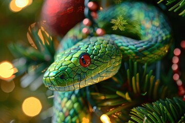 Fototapeta premium Green snake. Christmas mood. Gift card. Symbol of the year according to the Chinese calendar