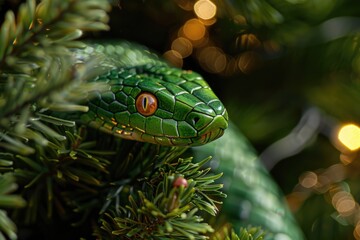 Green snake. Christmas mood. Gift card. Symbol of the year according to the Chinese calendar