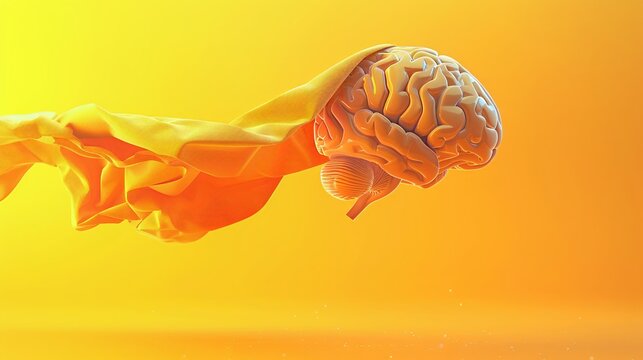 Cartoonstyle 3D brain with superhero cape, flying against a vibrant yellow and orange gradient background , 3D render