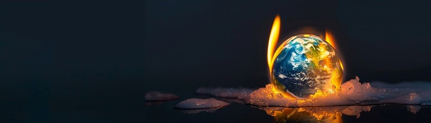 Melting ice cream earth near a flame torch, dark sky, saturated colors, tilted angle, sharp clarity , high resolution - obrazy, fototapety, plakaty