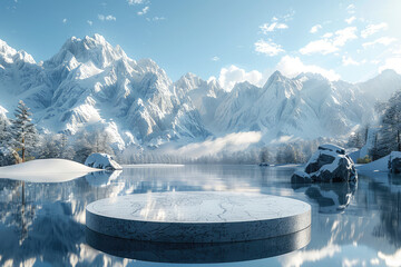 Marble product podium with lake and mountains view. Created with Ai