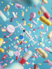 Syringe and pills, 3D cartoon, cheerful and colorful on a soft blue backdrop , 8K render