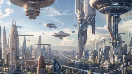 An innovative concept design for a futuristic cityscape, featuring sleek skyscrapers, flying...