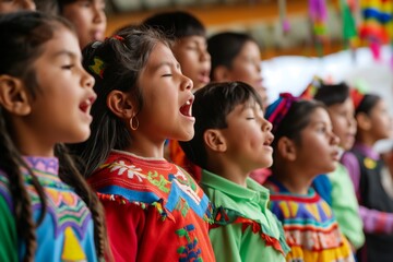 Choir of indigenous hispanic School Children singing together