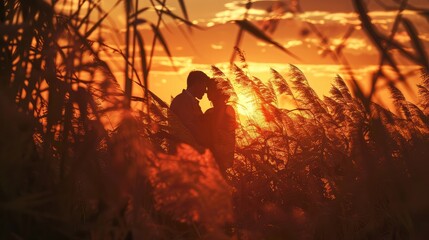 An intimate moment is shared between a couple, their silhouettes outlined by the fiery glow of a dramatic sunset among tall grasses.
