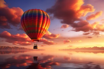 Hot air balloon over the lake at sunset, beautiful landscape - Powered by Adobe
