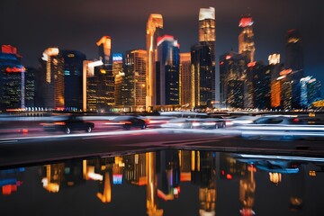 Vibrant city lights illuminating the night skyline. City life at night. Tall skyscrapers and towering building  reflected in still waters below. Cars are seen zipping by, adding to the motion blur.