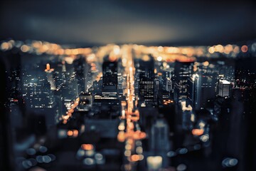 Aerial view of a city at night. The image is slightly blurry, creating a dreamy and ethereal effect. City lights twinkle in various shades of yellow and blue, casting a warm glow over the skyscrapers.