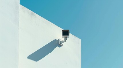 A security camera is mounted on the white wall for video surveillance and monitoring, operating as part of a closed-circuit television system. CCTV camera
