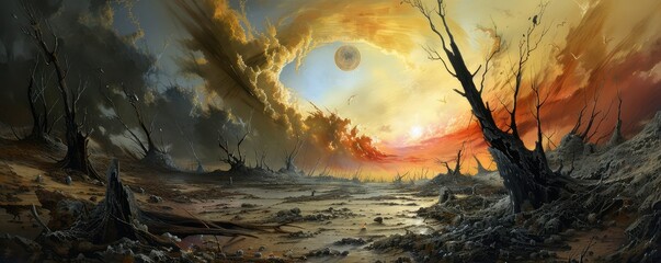 Apocalyptic landscape with a fiery sky - obrazy, fototapety, plakaty